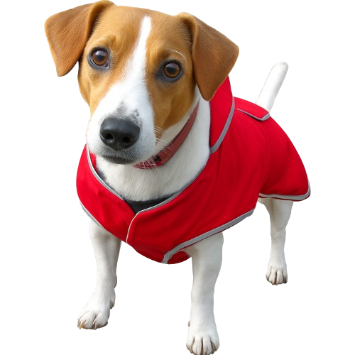 Picture of our Jack russell cross, Rosie. She's in a raincoat, looking for a treat.